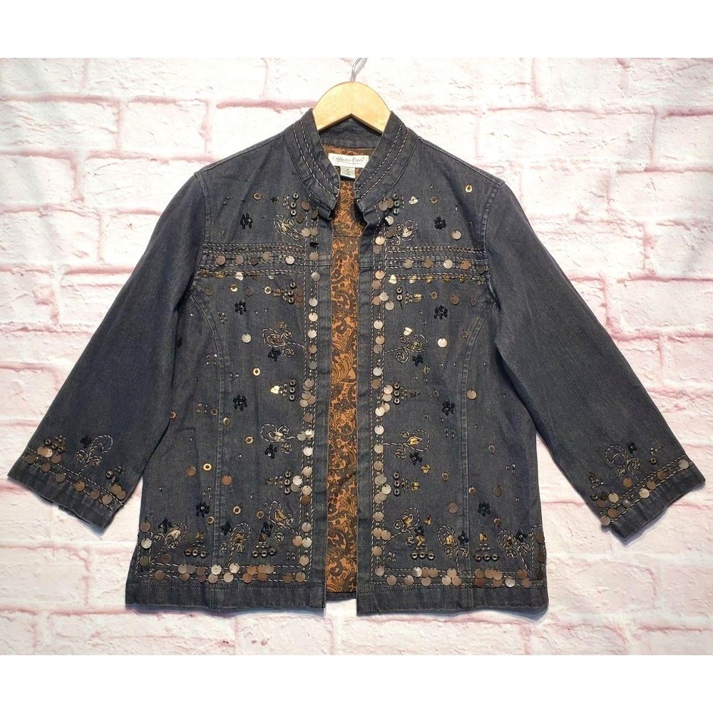 Coldwater Creek Denim Jacket Womens Small Gray Sequin Embroidered Boho Shacket